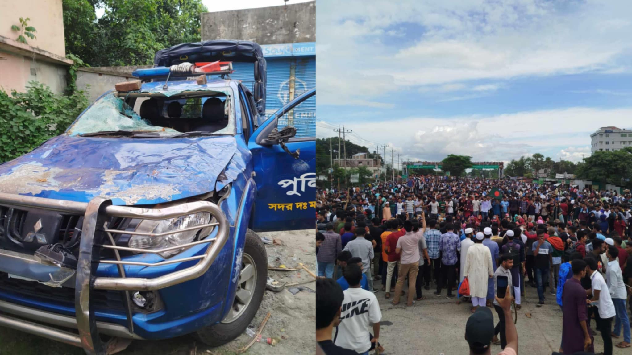 ছাত্রলীগের দেয়া তালা ভেঙে কুবি শিক্ষার্থীদের বিক্ষোভ, পুলিশের গাড়ি ভাঙচুর